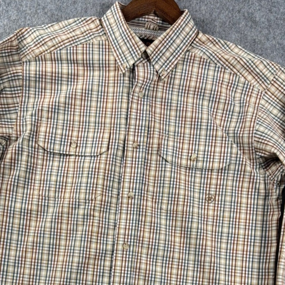 Ariat Pro Series Mens L Long Sleeve Plaid Button Down Shirt Western Work Brown